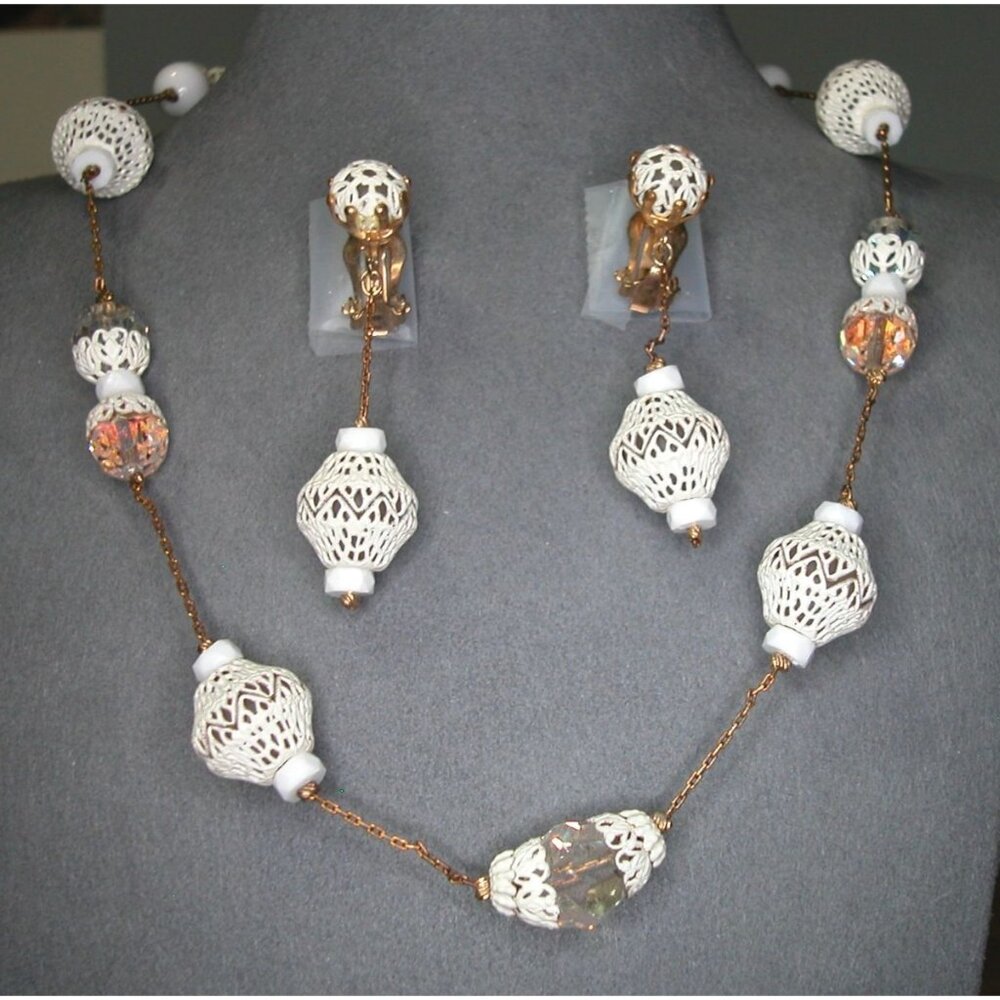 Vintage White Filigree Beaded Necklace & Clip-On Earrings Set /Crystal Accents